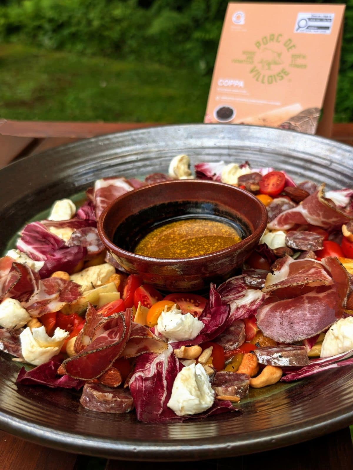 Salade antipasti Charcuterie porc de villoise sur une table à pique-nique